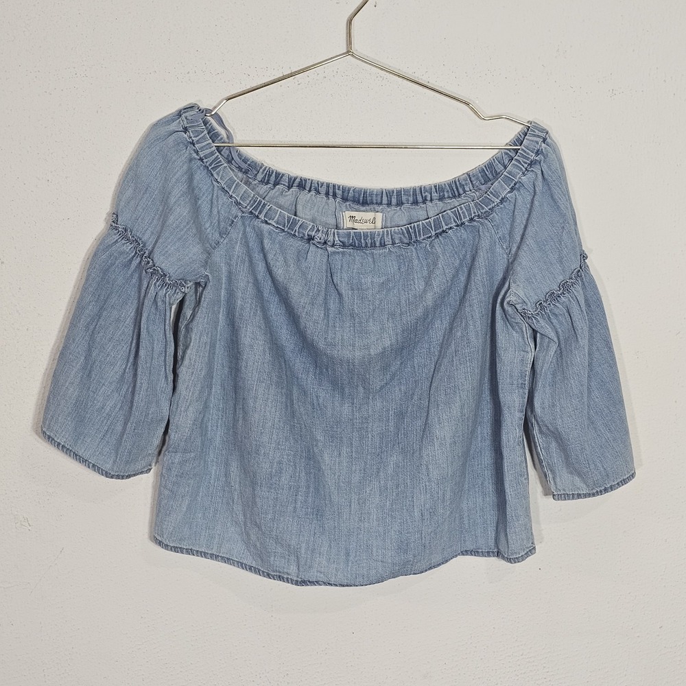 Madewell Chambray Blouse Sz M Womens Off The Shoulder Top Light Wash Denim Boho